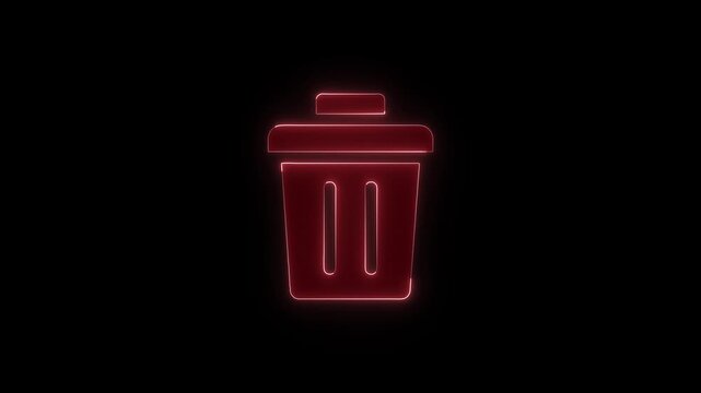 Red neon trash bin icon glowing on black background in a seamless looping dynamic animation for digital interfaces.