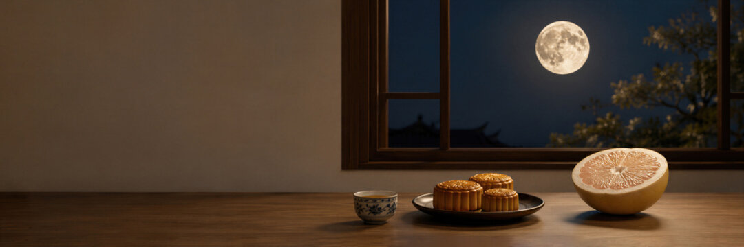 Mooncakes and pomelo fruit with tea cup on wooden table near window with full moon at night. Traditional food for Mid Autumn Festival celebration. Banner with copy space