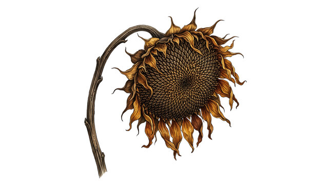 A drooping sunflower head against a black backdrop illustrates the natural progression of life and the inevitable process of seasonal decline
