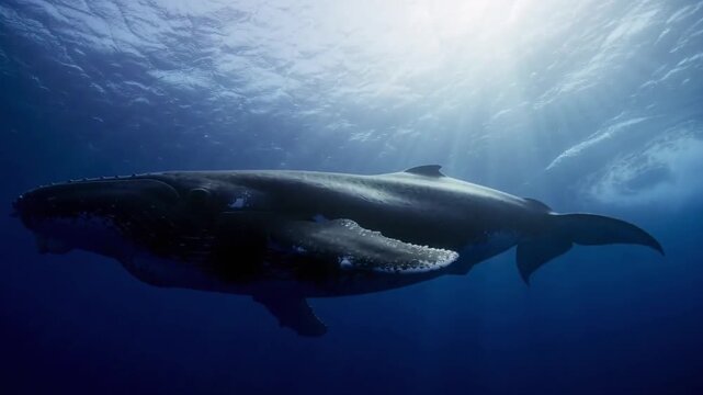 Massive ocean whale swimming gracefully through deep dark indigo abyssal waters, sunlight filtering down from miles a...