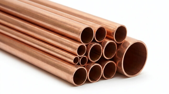 Stack of shiny copper pipes and tubes of different diameters isolated on a white background, perfect for plumbing and industrial construction