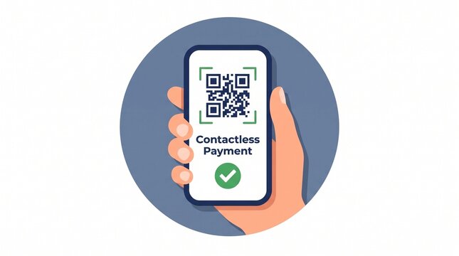 A hand holding a smartphone showing a qr code for contactless payment on a circular background with interface