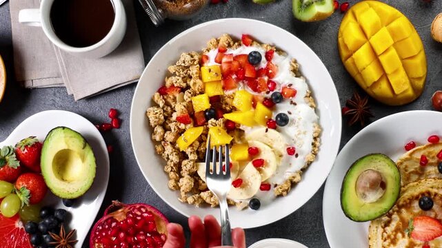 healthy breakfast table with granola bowl, fruits and coffee, top view
