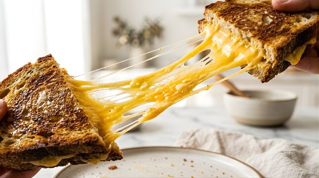 Delicious hot grilled cheese sandwich pulled apart showing melted dairy strings in kitchen
