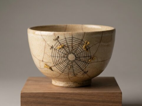 repaired ceramic bowl Ceramic bowl with spider web design, displayed on wooden pedestal against neutral backg...