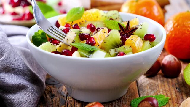 fresh fruit salad with pomegranate, orange and kiwi in white bowl
