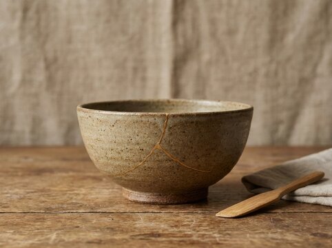 repaired ceramic bowl Rustic ceramic bowl on wooden table with cloth and wooden butter knife