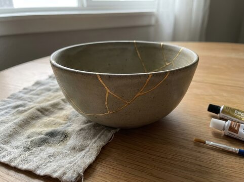 repaired ceramic bowl Ceramic bowl repaired with gold lacquer in the Japanese kintsugi style on table.