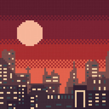 Pixel art city skyline background at sunset with glowing sun and silhouettes of skyscrapers vector illustration for games.