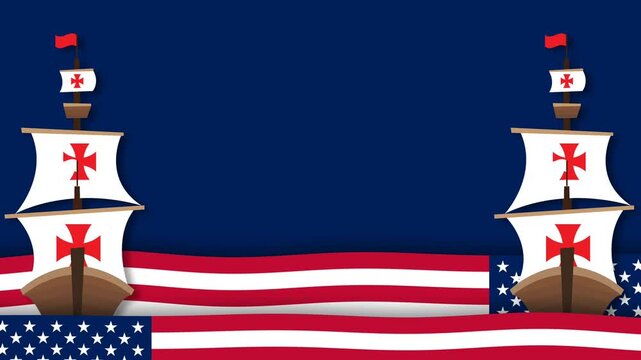 Columbus Day Background Animation Frame With Caravels Ships And Waving American Flag.