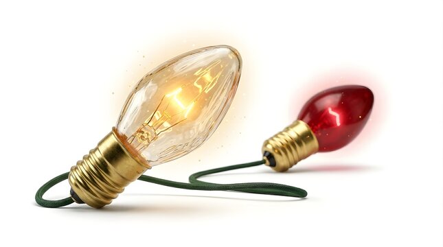 Two decorative christmas light bulbs, one glowing warm yellow and one red, connected by a green wire isolated on white background