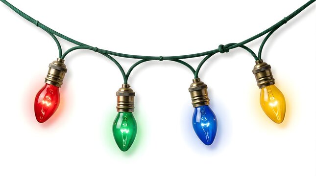 Colorful vintage style christmas light bulbs hanging on a green wire isolated on white background