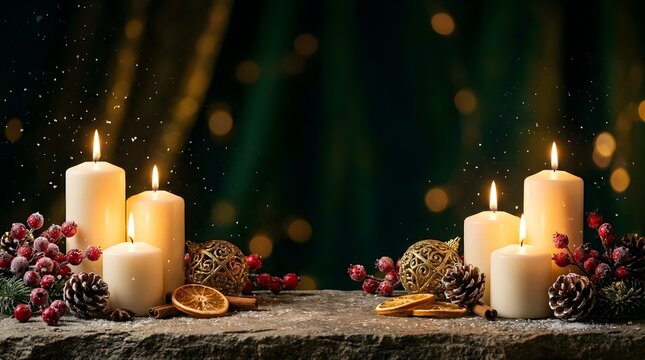 Christmas candles with pine cones, berries, and ornaments on a rustic stone surface with bokeh lights background