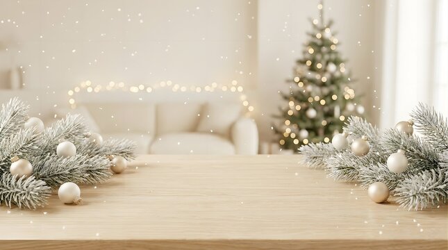 Christmas table background with snowy fir branches and christmas balls