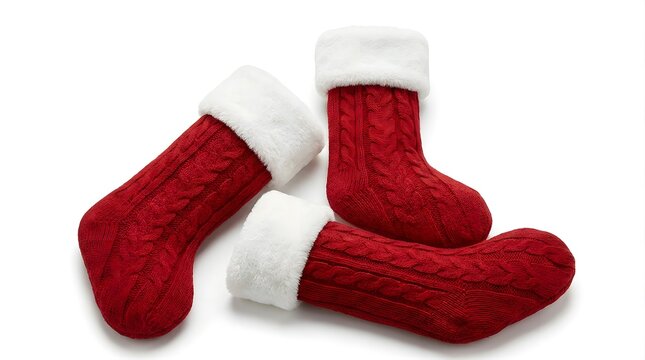 Three red knitted christmas stockings with white faux fur cuffs isolated on white background