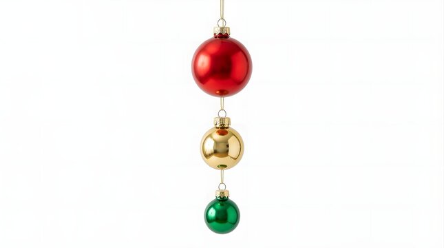 Three decorative christmas baubles of different sizes and colors hanging vertically isolated on white background