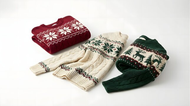 Three folded christmas sweaters with festive patterns isolated on white background