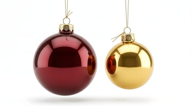 Two shiny christmas baubles in red and gold colors hanging isolated on white background