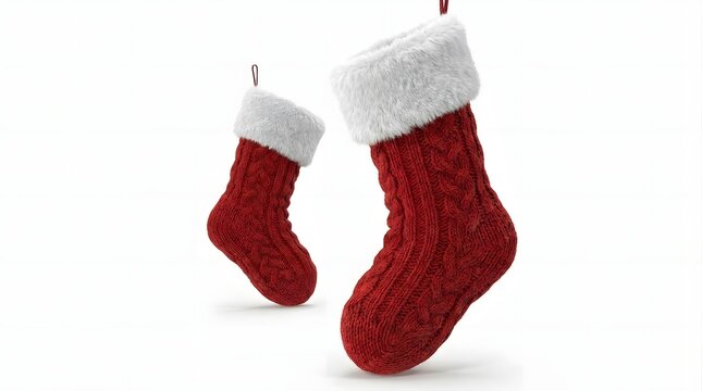 Two red knitted christmas stockings with white fur cuffs isolated on white background