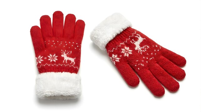 Pair of red winter gloves with white faux fur cuffs and reindeer snowflake pattern isolated on white background
