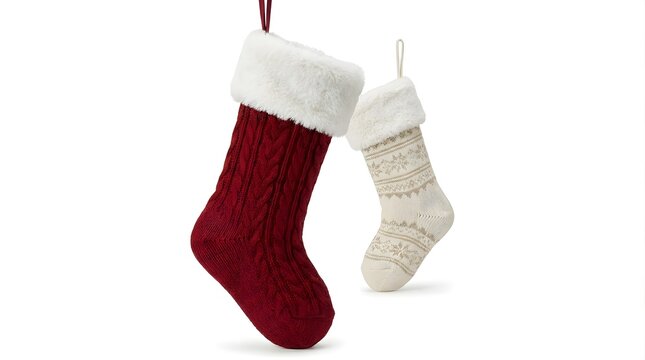 Two festive christmas stockings, one large red cable knit and one smaller cream patterned stocking, hanging isolated on white background