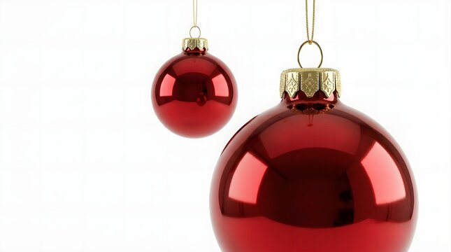 Two shiny red christmas baubles hanging isolated on white background