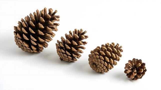 Four different sizes of pine cones arranged in a row isolated on white background