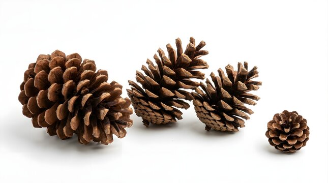 Four different sizes of pine cones arranged in a row isolated on white background