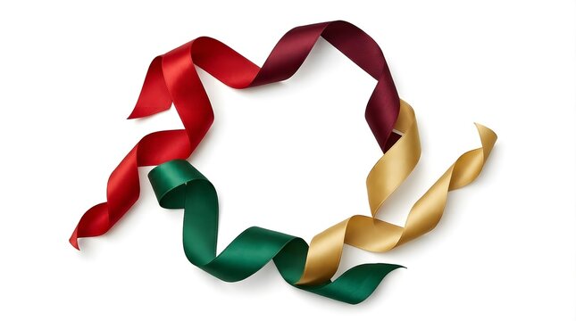 Red, green, and gold satin ribbons curled in a circular frame isolated on white background