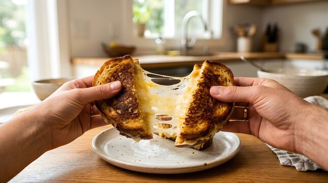 Golden toasted sandwich with stretching melted cheese pulled apart in kitchen