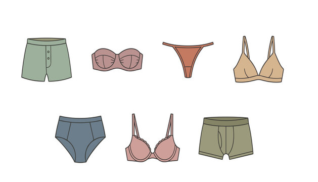 Underwear vector illustration set featuring comfortable mens boxers briefs and womens bras panties isolated on white background for apparel fashion design