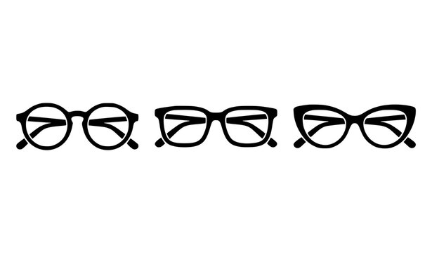 Collection of three different styles of eyeglasses icons with vision correction fashion accessories reading glasses line art black white eye care modern glasses round glasses personal ite