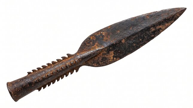 A rusted iron spearhead with a serrated socket isolated against a white background with socket showing heavy