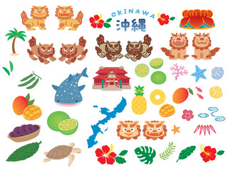 Obraz premium 沖縄のイラスト(シーサー、ハイビスカス、ジンベイザメ、琉球、珊瑚、椰子の木、民族衣装、文化、海)
