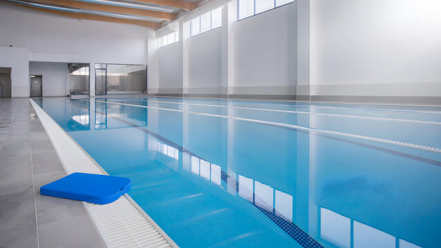 Empty Indoor Swimming Pool with Blue Kickboard