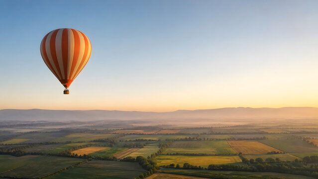 Hot Air Balloon over Patchwork Fields at Sunrise