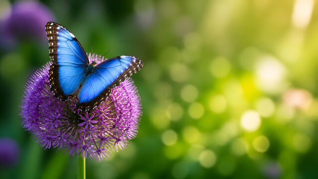 Blue Morpho Butterfly on a Purple Allium Flower