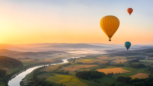 Hot Air Balloons over a Misty Valley at Sunrise