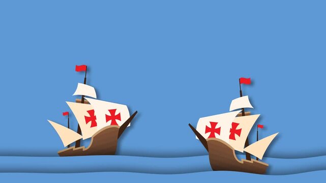 Columbus Day Animated Sailing Ships Motion Graphics Paper Cut Style.