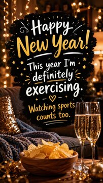 New year celebration with champagne and snacks at home