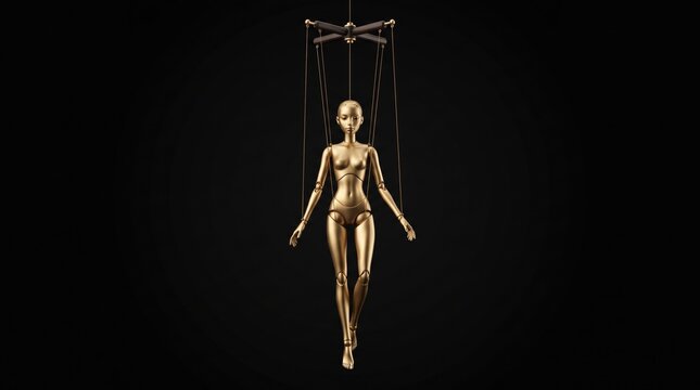 Golden Female Marionette Hand Puppet on Black Background