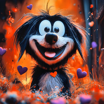 Cute Cartoon Dog with Hearts and Romantic Background