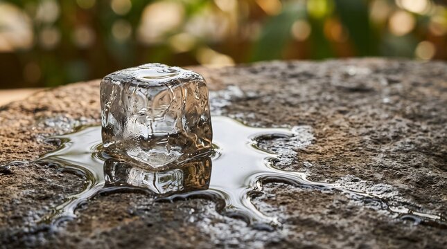 Melting ice cube on rough stone with a water puddle