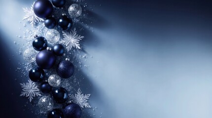 Naklejka premium Elegant dark blue christmas ornaments and silver snowflakes on a soft gradient background