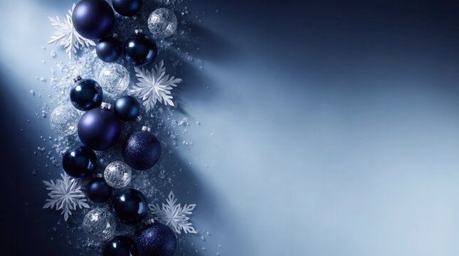 Elegant dark blue christmas ornaments and silver snowflakes on a soft gradient background