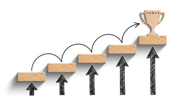 Wooden blocks forming an upward staircase with hand drawn arrows leading to a trophy icon with professional