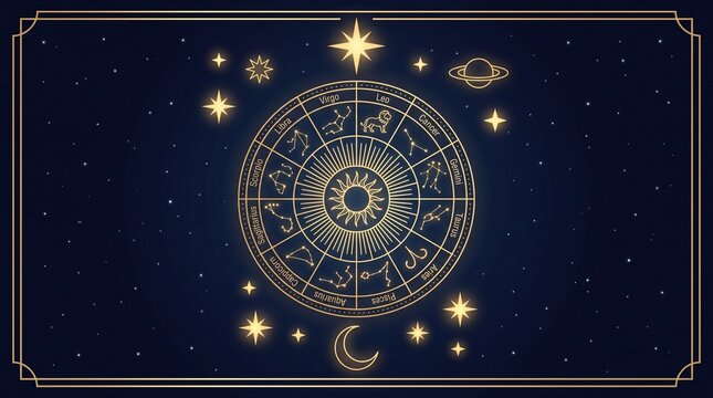 Astrological zodiac wheel with sun and moon icons on a dark blue starry night background with sun symbols set