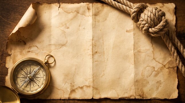 Vintage brass compass and knotted rope placed on a stained blank piece of old paper with surface beside metal