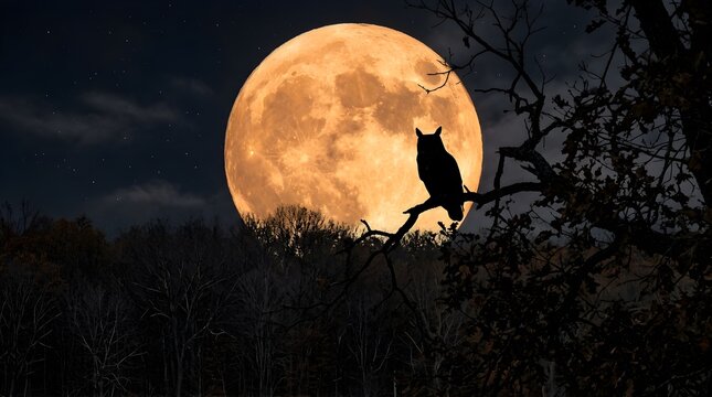 Silhouette of an owl perched on a tree branch against a giant full moon