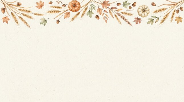 Autumn floral arrangement with pumpkins wheat and leaves on a textured cream background